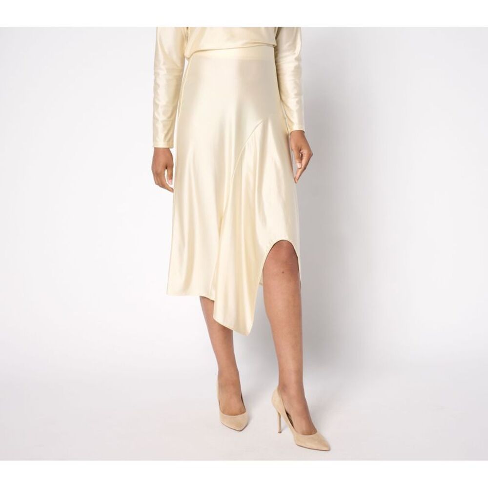 Liberare Women's Petite Skirt PM Fluid Satin Asymmetric Hem DARK BEIGE A667199